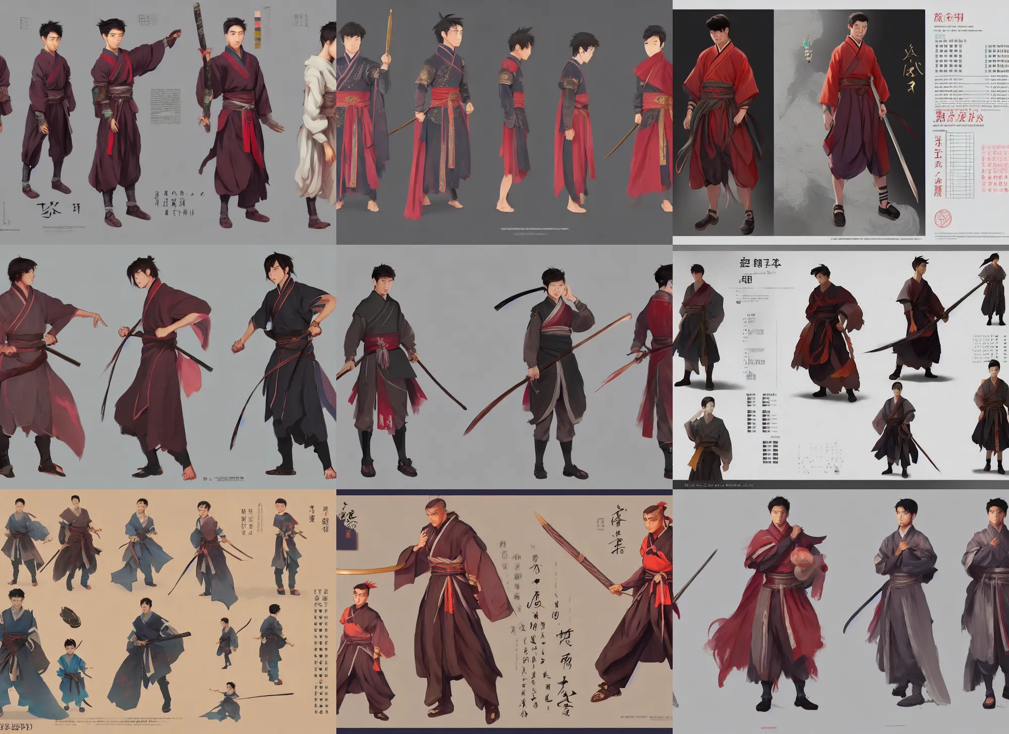 Prompt: character sheet for a cute wuxia eastern europe boy, dynamic color, for genshin impact by greg rutkowski, by studio ghibli, digital art, trending on artstation, hd, 8 k, highly detailed, good lighting, beautiful, masterpiece