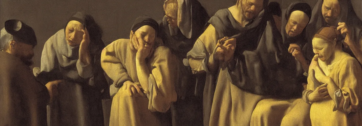 Image similar to a vermeer drawing of three maria's crying at the death of christ