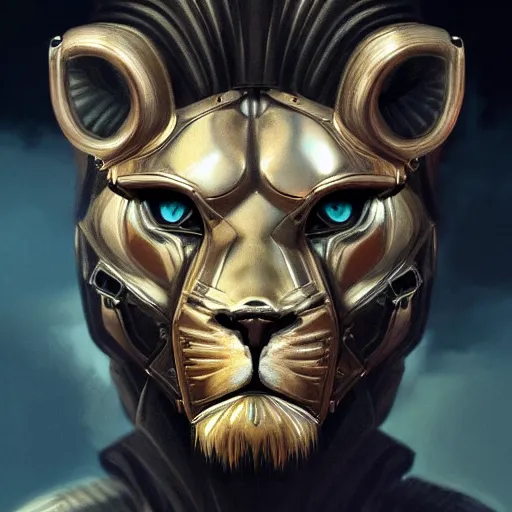 Image similar to Very very very very highly detailed epic zoom out photo of full face with lion robber venetian mask, intricate, dystopian, sci-fi, extremely detailed, digital painting, artstation, concept art, smooth, sharp focus, illustration, intimidating lighting, incredible art by Artgerm and Vincent di Fate