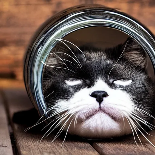 Prompt: am award winning photo of a cute black catsleeping inside of a jar