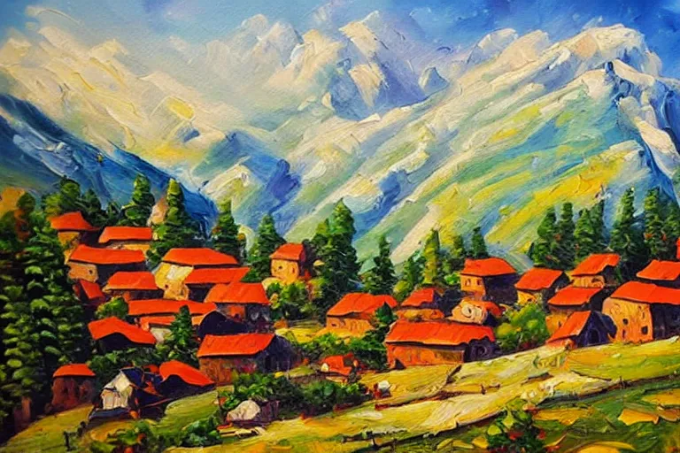 Image similar to beautiful mountain village, oil painting, oil in canvas, brushstrokes