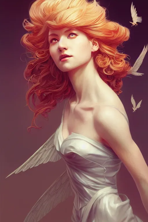 Prompt: 3 / 4 view of a portrait of woman with flowy hair, bird wings, confident pose, pixie, genshin impact,, intricate, elegant, sharp focus, illustration, highly detailed, concept art, matte, trending on artstation, bright colors, art by wlop and artgerm and greg rutkowski, marvel comics