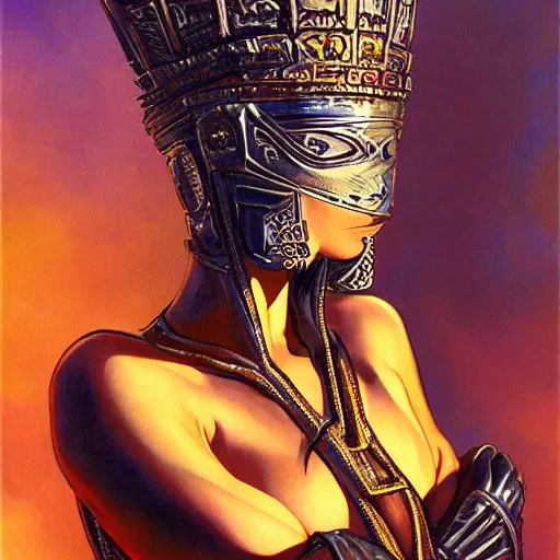 Image similar to seductive, clothed science fiction mutant byzantine priestess with long neck and geometric headdress and mask, by boris vallejo, deak ferrand, and greg rutkowski