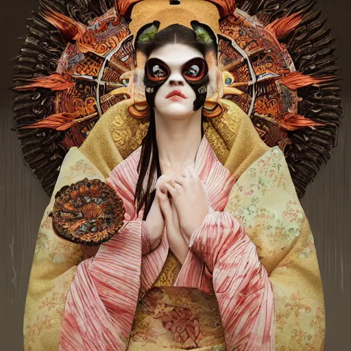 Image similar to a photorealistic dramatic fantasy render of a beautiful woman alexandra daddario wearing a beautiful intricately detailed japanese monkey kitsune mask and clasical japanese kimono by wlop, artgerm, greg rutkowski, alphonse mucha, epic, beautiful dynamic dramatic dark moody lighting, shadows, cinematic atmosphere, artstation, concept design art, octane render, 8 k