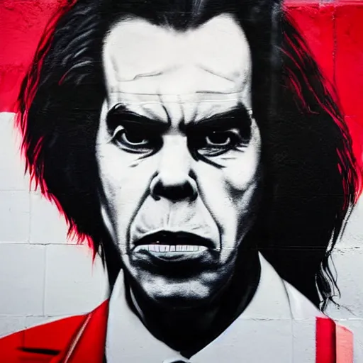 Prompt: portrait of nick cave looking intense street art black white and red