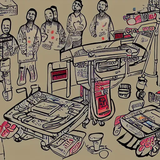 Image similar to chinese surgery operating table, in the style of daniel johnston and outsider art, 8k, line brush, overlaid with chinese adverts