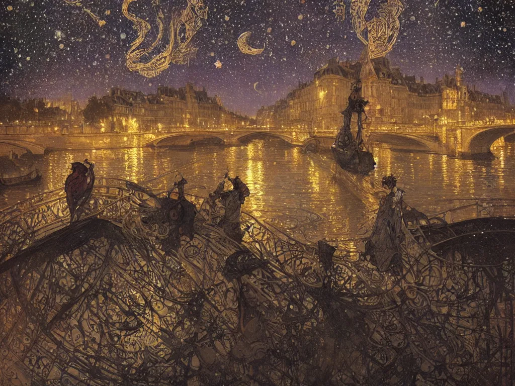 Prompt: a view from the seine river in paris at night with the sky full of stars, intricate, elegant, highly detailed, digital painting, artstation, concept art, smooth, sharp focus, colored illustration for tattoo, art by krenz cushart and artem demura and alphonse mucha,