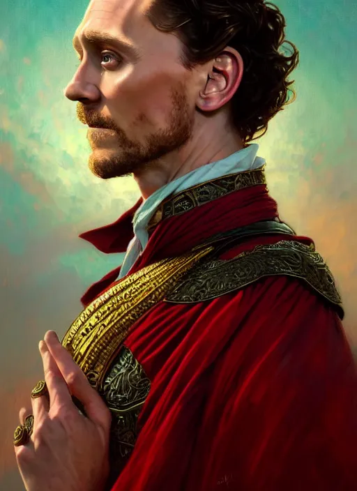 Image similar to portrait of tom hiddleston as a lord, crimson peek, jewelry, greek, emerald, intricate, headshot, highly detailed, digital painting, artstation, concept art, sharp focus, cinematic lighting, illustration, art by artgerm and greg rutkowski, alphonse mucha, cgsociety