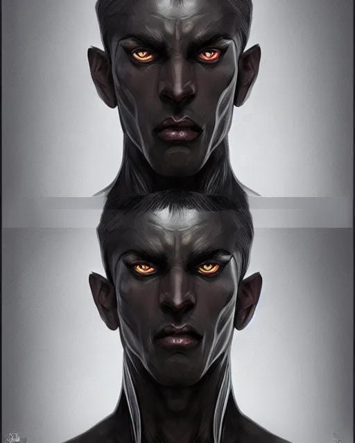 Prompt: portrait of a handsome male dark elf, obsidian skin, fantasy, intricate, elegant, highly detailed, digital painting, artstation, concept art, sharp focus, illustration