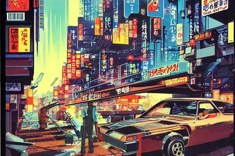 Prompt: 1 9 7 9 omni magazine cover of a fish delivery cart in neo - tokyo. art in cyberpunk style by vincent di fate