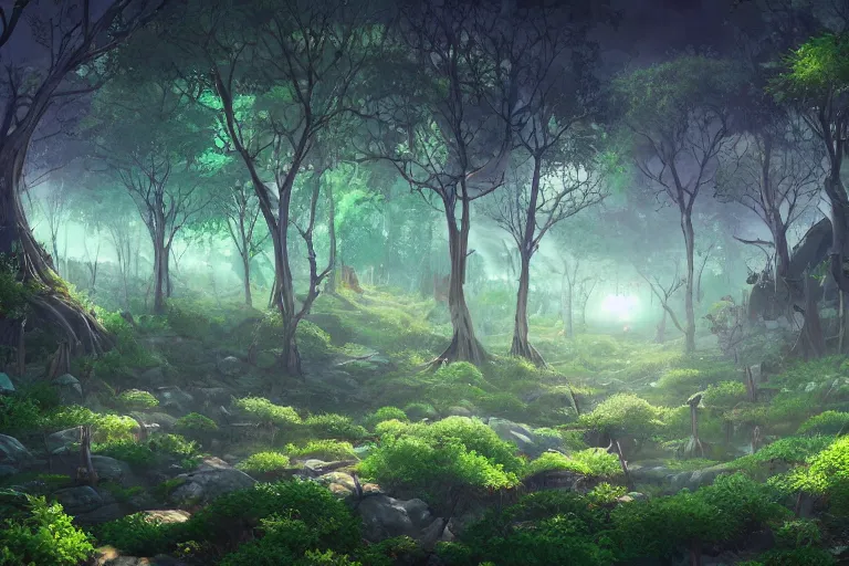 Image similar to green themed mechanical forest landscape, meteor shower, epic, miyazaki style, cinematic, indie, highly detailed, featured on artstation, highly detailed, abstract