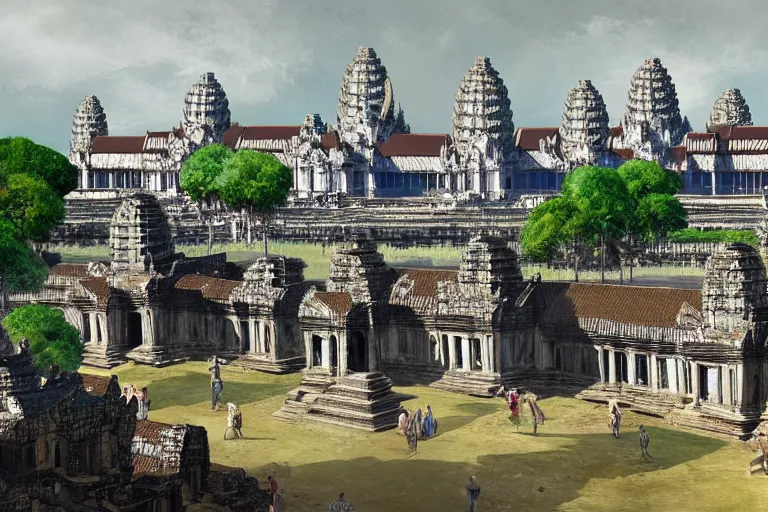 Image similar to Angkor Wat in 1253 covered in white marble and gold, surrounded by a large village, full of people, concept art, digital painting by Shaddy Safadi, highly detailed, historically accurate