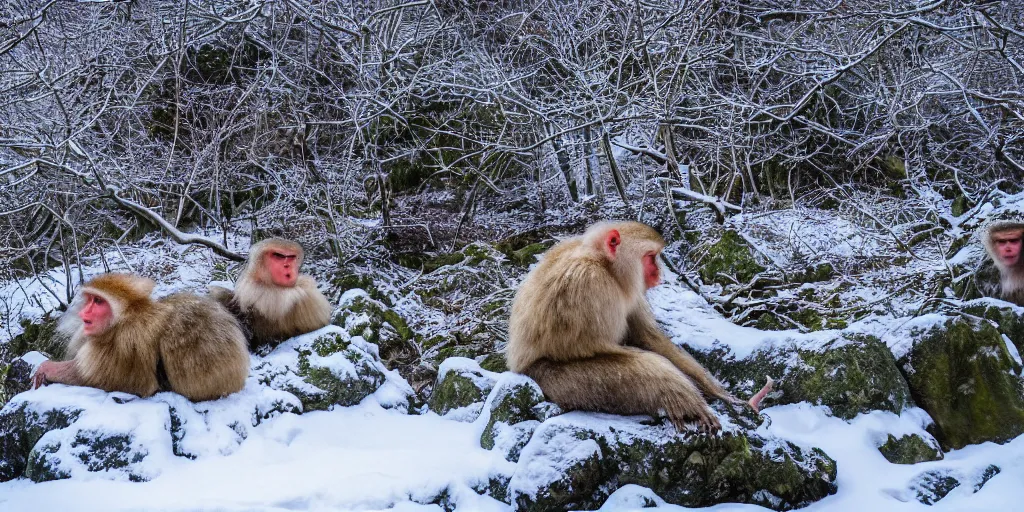 Image similar to nature photography of the snowy mountain in Jigokudani Yaen Koen with snowflakes in the air, there are snow monkeys relaxing in the hot springs and grooming each other, the snow monkeys are caring, family, intelligent, smart, inquisitive, adorable, attentive and handsome, the image emotes feelings of serene calm energy, award winning 4K HDR photography