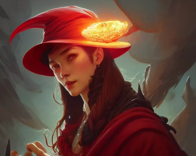 Image similar to red hat wizard, deep focus, d & d, fantasy, intricate, elegant, highly detailed, digital painting, artstation, concept art, matte, sharp focus, illustration, hearthstone, art by artgerm and greg rutkowski and alphonse mucha