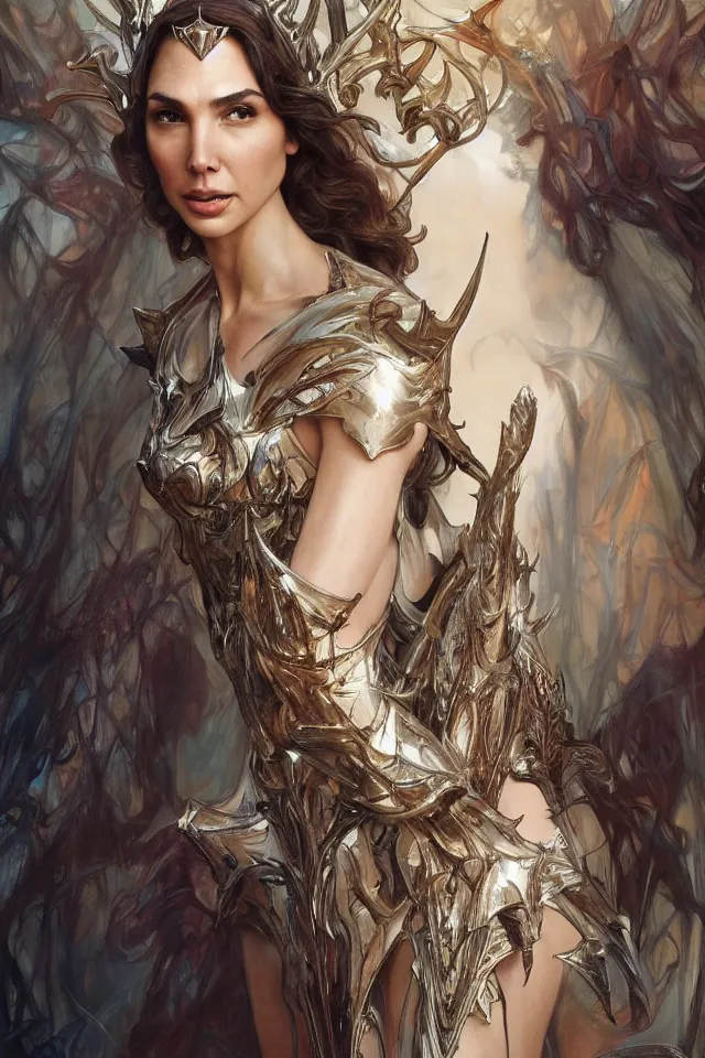Image similar to Frightening and beautiful Gal Gadot as High elf queen wearing high fashion from Alexander McQueen and Iris Van Herpen, hyperrealistic masterpiece painted by Jaime Jones, Craig Mullins, Artgerm and Alphonse Mucha