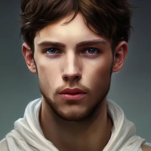 Image similar to ultra realistic illustration, a young man in a white hood, with brown hair, with blue eyes, intricate, elegant, highly detailed, digital painting, artstation, concept art, smooth, sharp focus, illustration, art by artgerm and greg rutkowski and alphonse mucha