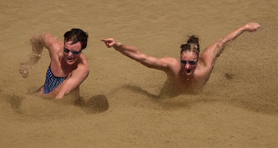 Image similar to olympic swimming in sand instead of water, extremely coherent, motion blur