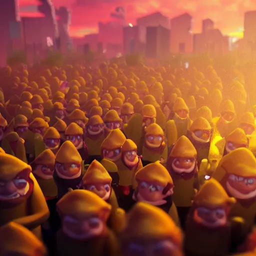 Prompt: gnome crowd mosh pit on a rave in piles of gold on a beautiful sunset, hyperrealistic hasselblad photo, octane render, trending on artstation