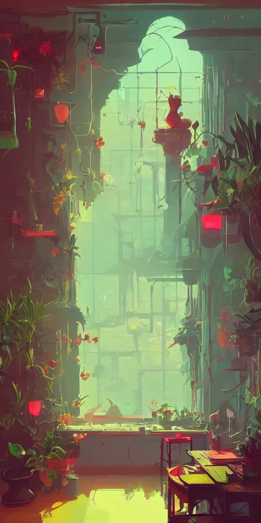 Prompt: interior of a room with a lush windowsill with plants on it, neon signs outside, detailed digital concept art by anton fadeev, John Howe, and marc simonetti, trending on artstation