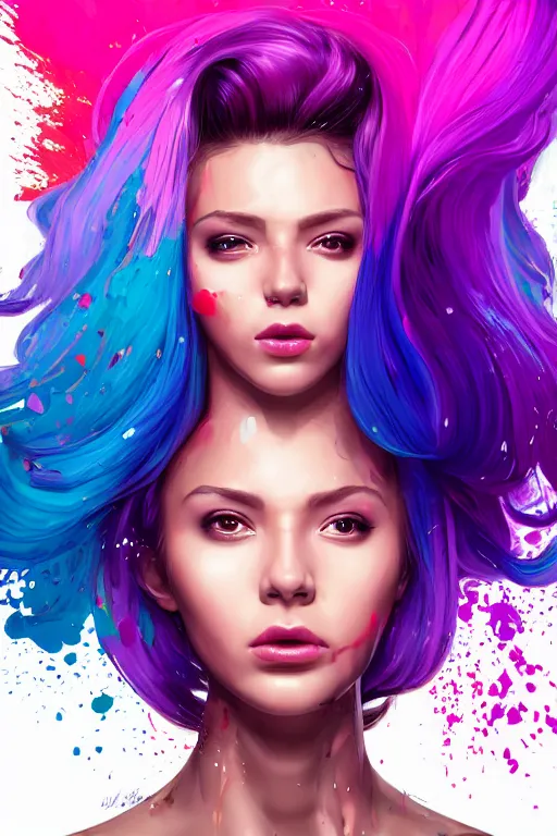 Image similar to a award winning half body portrait of a beautiful woman in a croptop and cargo pants with ombre purple pink teal hairstyle with head in motion and hair flying by artgerm, paint splashes, splatter, outrun, vaporware, shaded flat illustration, digital art, trending on artstation, highly detailed, fine detail, intricate