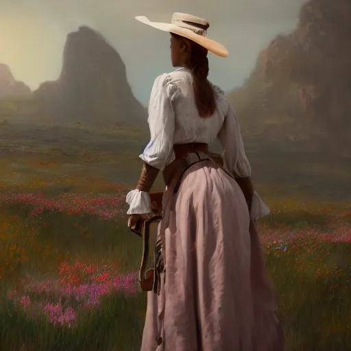 Prompt: a matte painting of the wild west, woman standing, patchy flowers, oil painting, pale colors, high detail, 8 k, wide angle, trending on artstation,