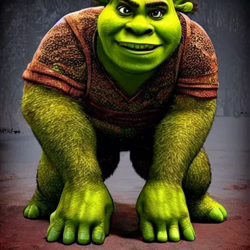 Prompt: cross breed of shrek and chuck norris
