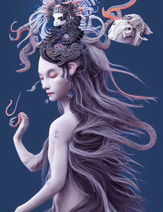 Image similar to 3 d slvic goddess half - turn portrait with long hair with ram skull. beautiful intricately detailed japanese crow kitsune mask and clasical japanese kimono. betta fish, jellyfish phoenix, bio luminescent, plasma, ice, water, wind, creature, artwork by tooth wu and wlop and beeple and greg rutkowski