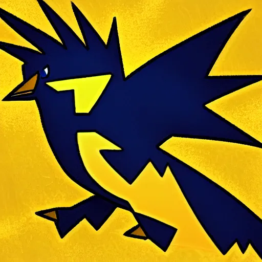 Image similar to zapdos. thunderbird pokemon. zapdos zapdos zapdos. spiky bird. birdform. flying lightning bird. yellow color.