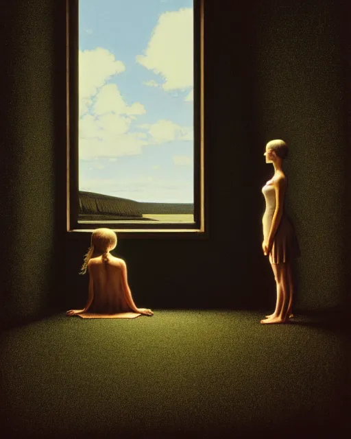 Image similar to twins, sisters, in the void, by the mirror, station, alex colville, otto mueller, stephen conroy, sandro botticelli, andrew newell wyeth, daniel maidman yussi picho octane rendering