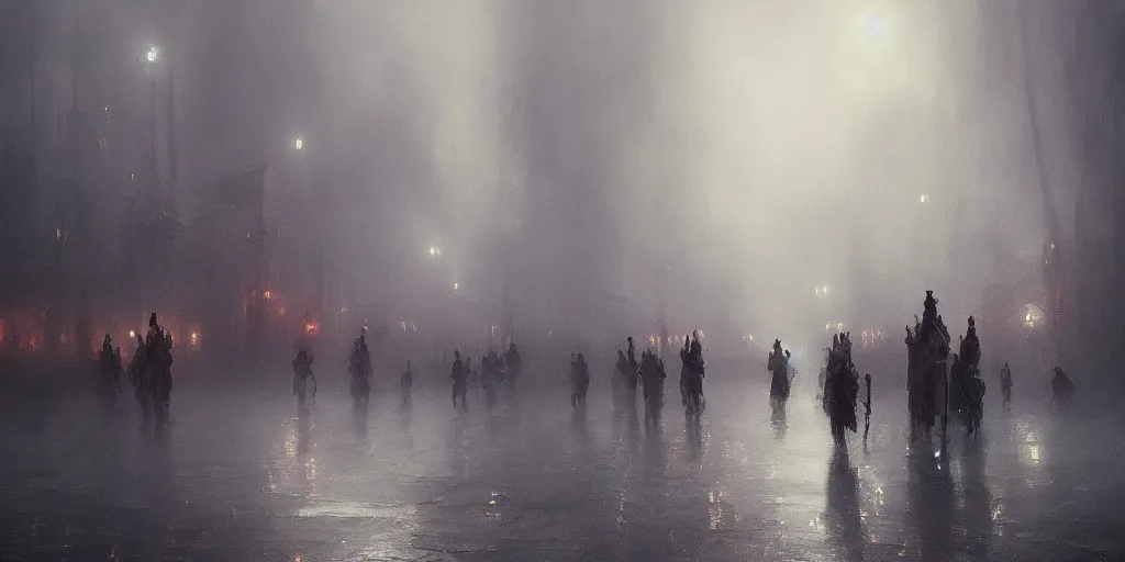 Image similar to a parade in a heavy swirling fog, soft lighting, night, stephen bliss, misty, unreal engine, digital art, 8 k, oil painting, fantasy art, illustration, detailed and intricate environment