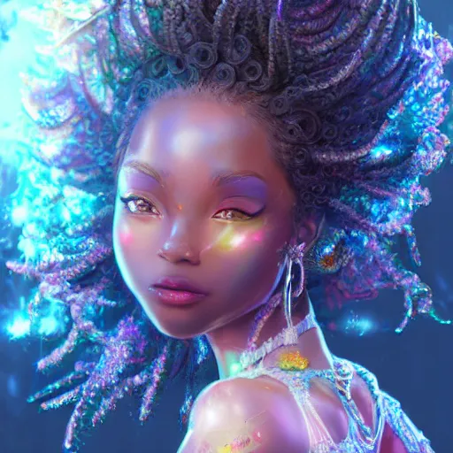 Image similar to the portrait of the absurdly beautiful, graceful, elegant, gorgeous, sensual black young anime goddess made of crystals, an ultrafine hyperdetailed illustration by kim jung gi, irakli nadar, intricate linework, bright colors, octopath traveler, final fantasy, unreal engine 5 highly rendered, global illumination, radiant light, intricate environment