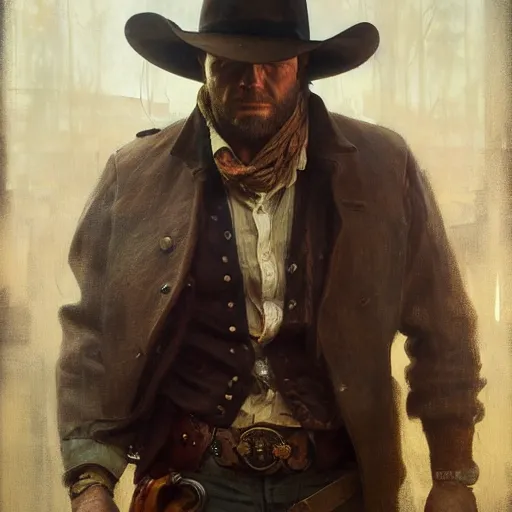 Image similar to hyperrealist portrait of arthur morgan by jeremy mann and alphonse mucha, fantasy art, photo realistic, dynamic lighting, artstation, poster, volumetric lighting, very detailed faces, award winning