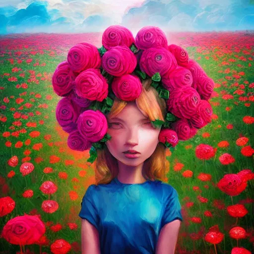 Prompt: giant rose flower head, girl sitting in a flower field, surreal photography, sunrise, dramatic light, impressionist painting, colorful clouds, digital painting, artstation, simon stalenhag