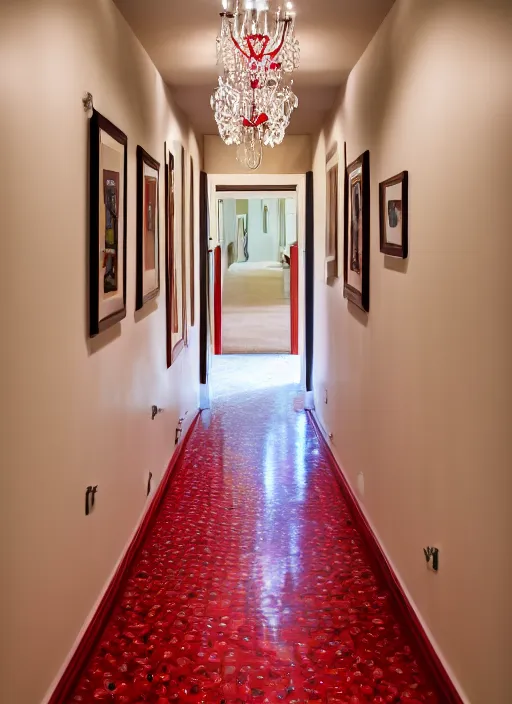 Image similar to a photograph of a hallway designed by Billy Baldwin, red color palette, 35mm, pentax, studio lighting