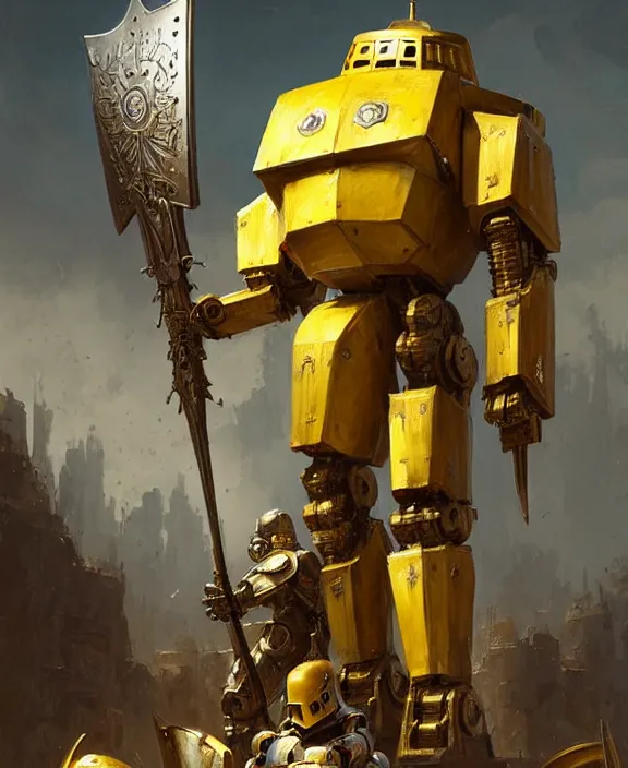 Prompt: human-sized strong intricate yellow pit droid holding large paladin medieval shield!!! and a long medieval engraved powerful great sword, pancake short large head painterly humanoid mecha, beautiful fantasy background by Greg Rutkowski