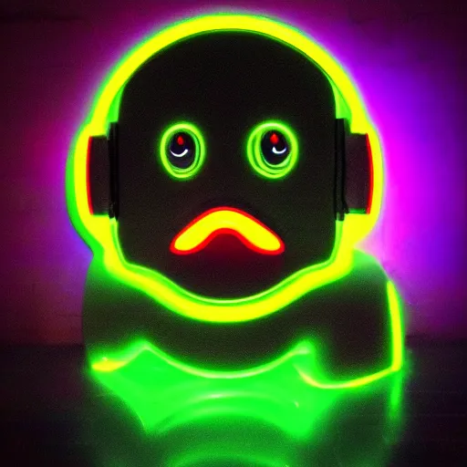 Image similar to a cybertronic duck, metallic, glowing eyes, neon