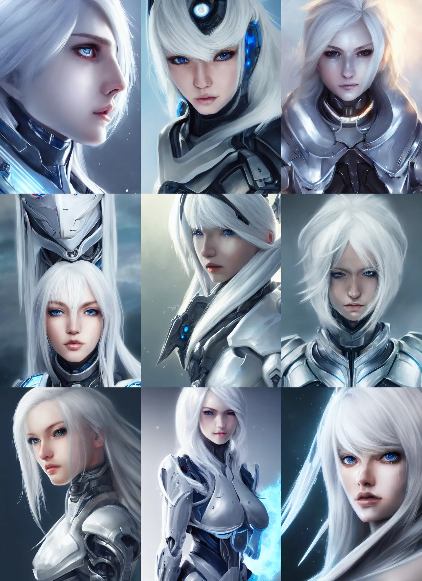 Image similar to detailed portrait of perfect white haired girl, android, warframe armor, beautiful, pretty face, blue cyborg eyes, innocent, scifi, 4 k, sun yunjoo, ultra realistic, aura of light, cinematic lighting, highly detailed, sharp focus, artstation, masterpiece, art by hyungjin yang