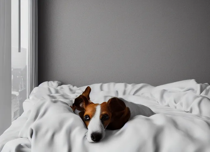 Image similar to photography of a Jack Russel . watching outside the window. on a bed. in a white room. octane render,volumetric light, volumetric fog, photorealistic,, award winning photo, 100mm, sharp, cloth, high res