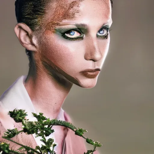 Prompt: beautiful extreme closeup frontpage photo of frontiers in herbal anthropomorphosis fashion magazine portrait of person, highly detailed, focus on face, soft lighting