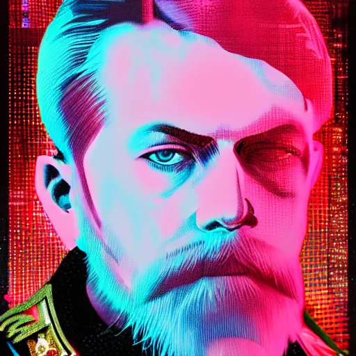 Prompt: Nicholas II of Russia, cyberpunk, synthwave, glitch, digital art, detailed