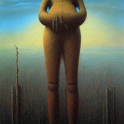 Image similar to a giant latex doll stands over a city painting by beksinski, barlowe colors. masterpiece painting