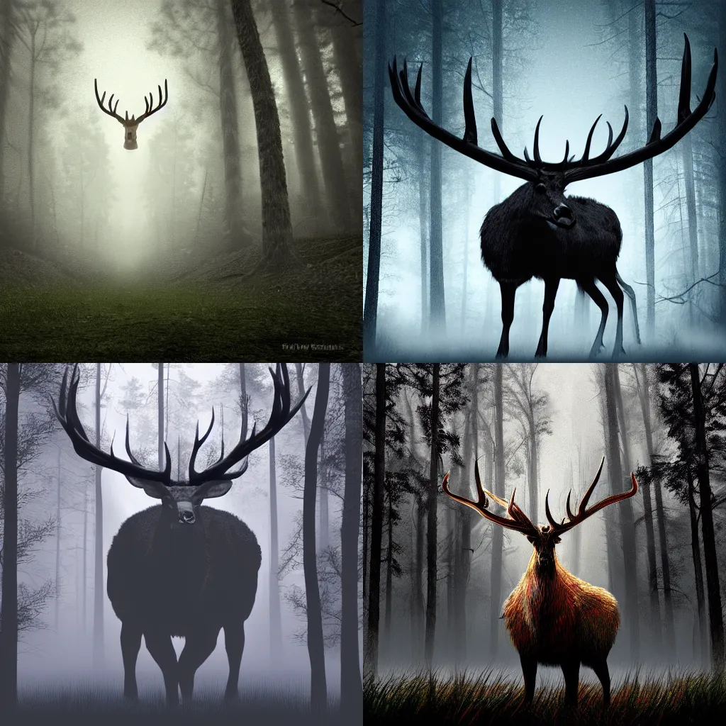 Prompt: a lumbering giant creature with large antlers looming over a dark forest, mist, overcast sky, digital art