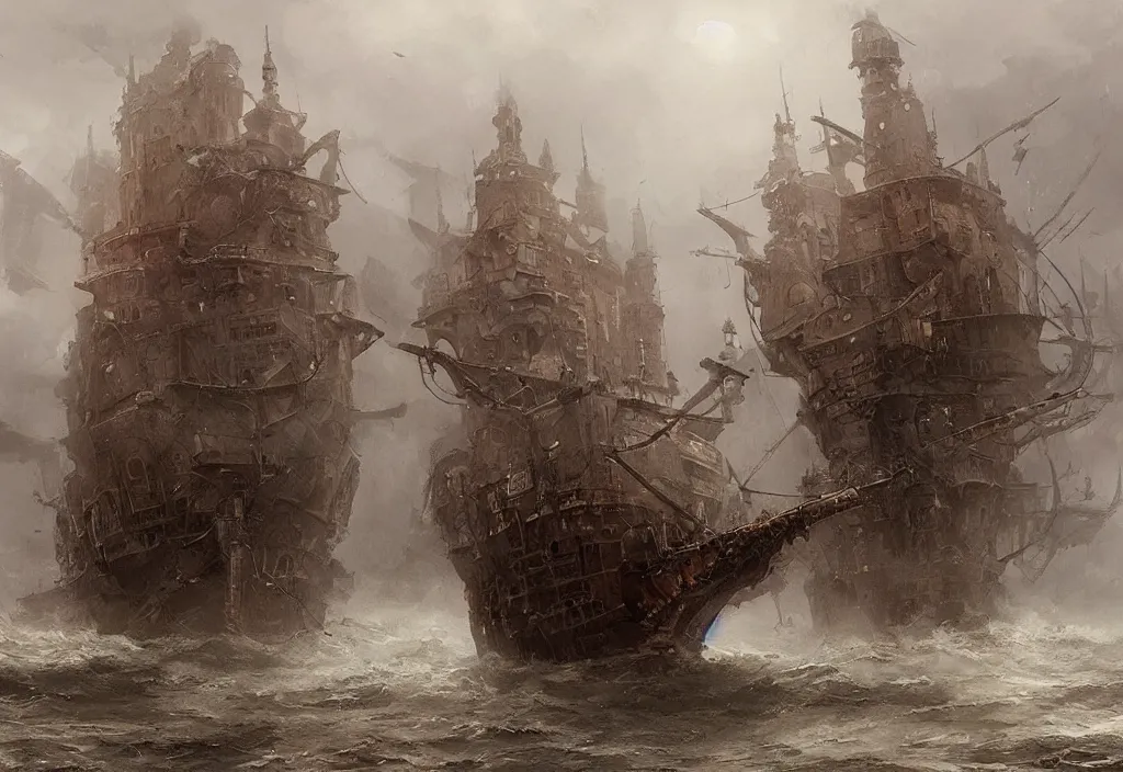 Prompt: a huge steampunk ship with a castle on top, stormy waters, rain, foggy, artstation, jakub rozalski, high detail