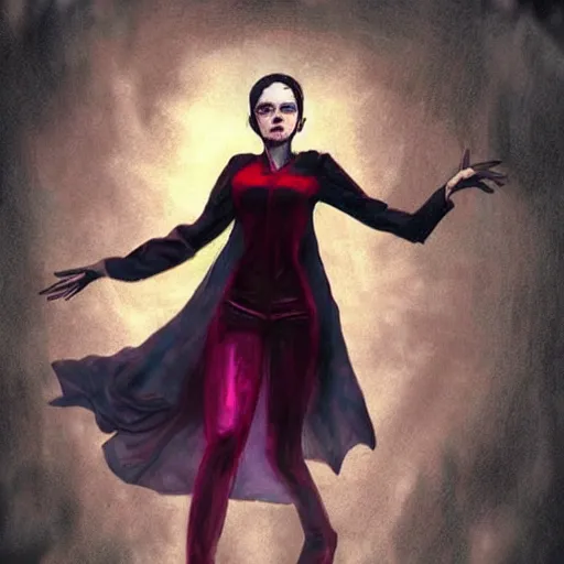 Image similar to Wanda Maximoff chaos magic, levitating, eerie, emotion, concept art