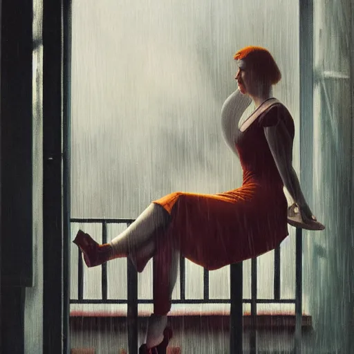 Image similar to oil painting of realistic woman, 1 9 3 0 s decopunk penthouse balcony, rain and smoke, dramatic lighting, tech noir, wet skin, atmospheric, ambient, rupert everton, wlop, george tooker, alexis flower, hopper, livia prima,