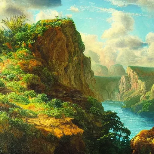 Image similar to detailed painting of a lush natural scene on an alien planet by marinus adrianus koekkoek. beautiful landscape. weird colourful vegetation. cliffs and water.