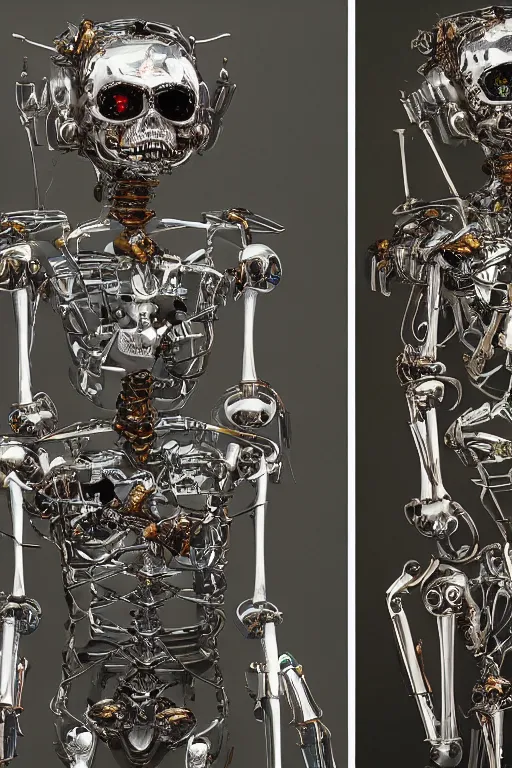 Image similar to A young child robot surrounded by chrome skeletons, octane rendering by Raqib Shaw and Salivor Dali,