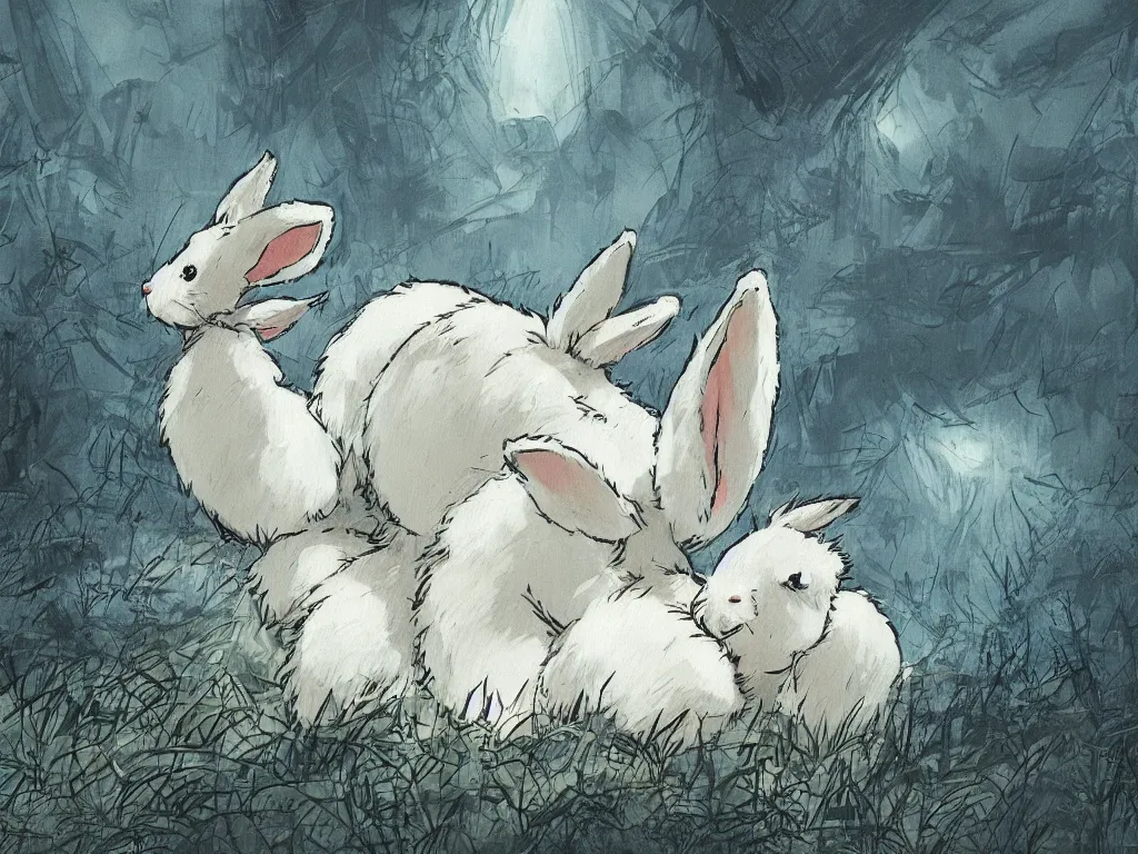 Image similar to a fluffy bunny, ideas floating around above its head, Aesthetically pleasing, digital concept art background by Hayao Miyazaki and Studio Ghibli, fine art, official media, high definition, illustration, ambient lighting, HDR, HD, UHD, 4K, 8K, cinematic, high quality scan, award winning, trending, featured, masterful, dynamic, energetic, lively, elegant, intricate, complex, highly detailed, Richly textured, Rich vivid Color, masterpiece.