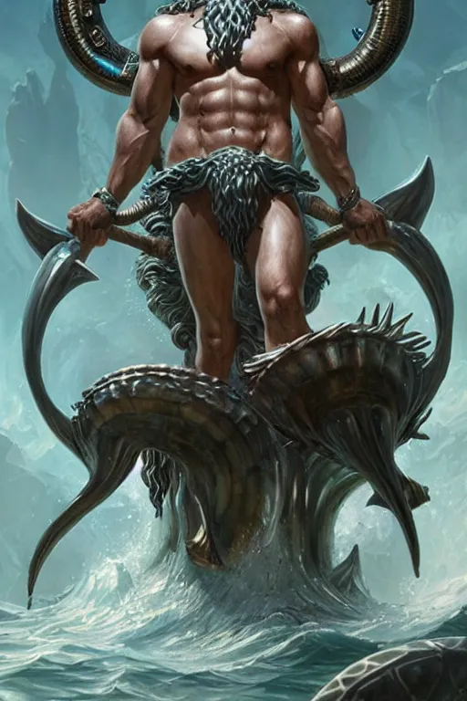 Image similar to poseidon humanoid god of the sea, trident, highly detailed, d & d, fantasy, highly detailed, digital painting, trending on artstation, concept art, sharp focus, illustration, art by artgerm and greg rutkowski and magali villeneuve