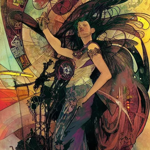 Image similar to cyberpunk dreaming by dave mckean and alphonse mucha and bill sienkiewicz